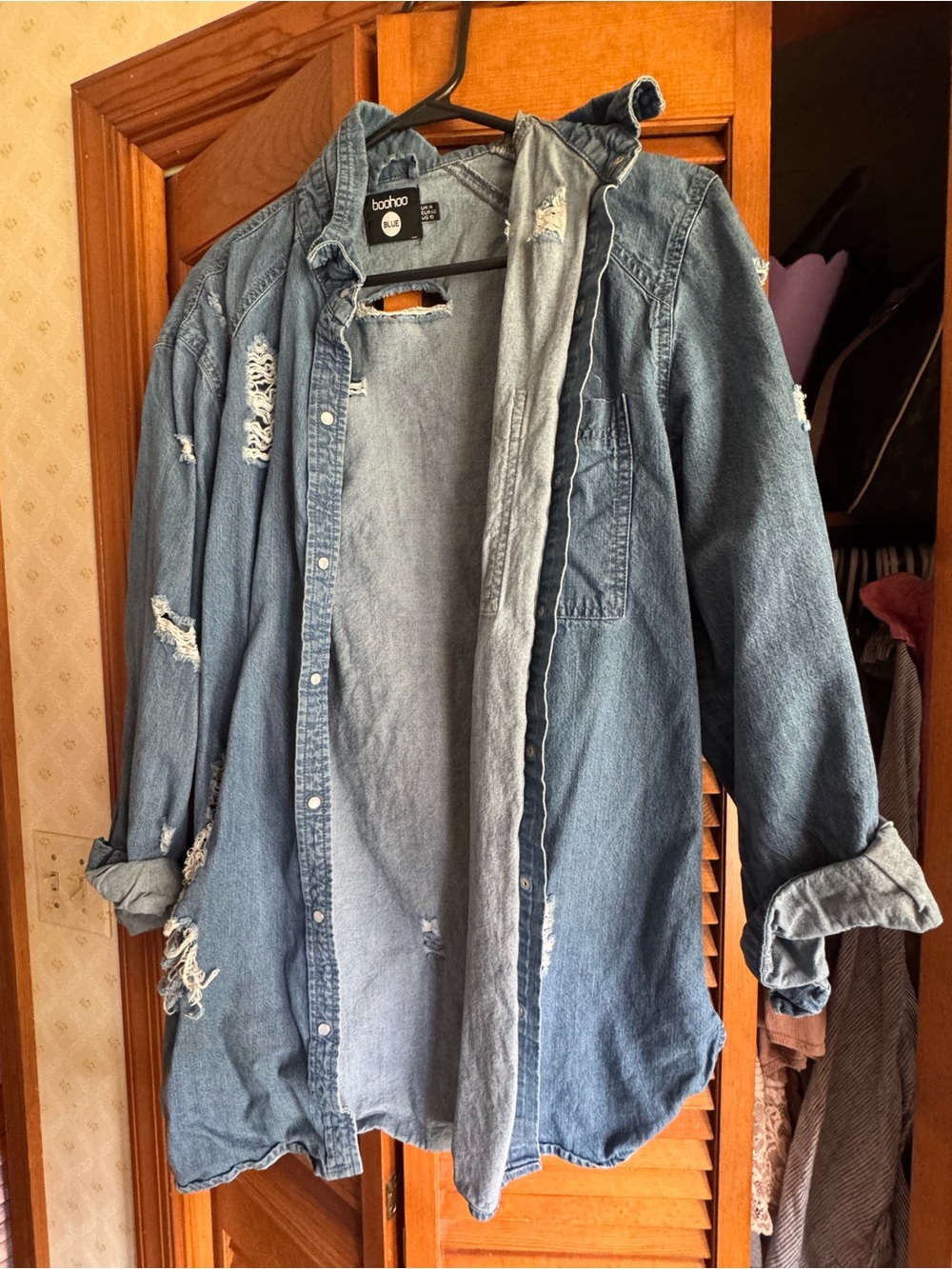 Boohoo Light Blue Distressed Denim Shacket